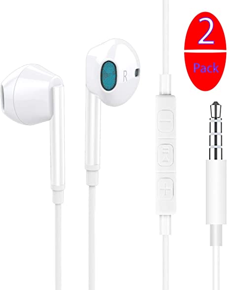2 Pack In-Ear Headphones,Wired Earbuds Earphones with Microphone volume control headphones compatible with iPad Android MP3 & MP4 Players and all 3.5mm Audio jack(white)