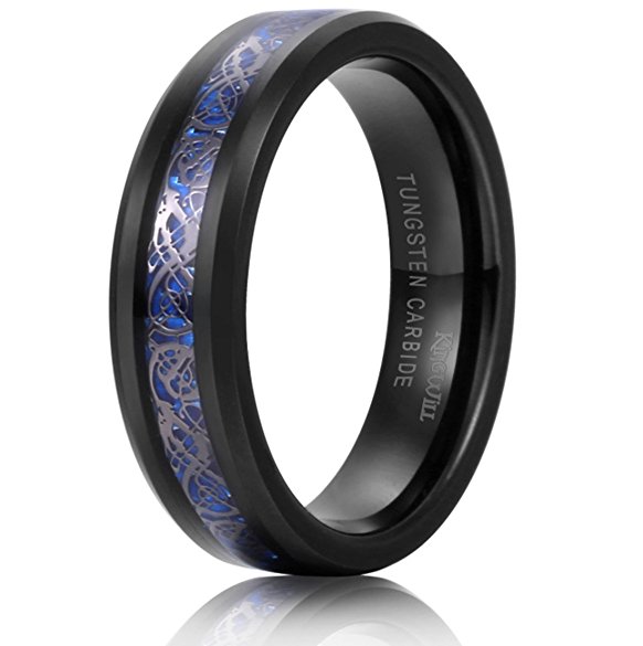 King Will Unisex 6mm Black Celtic Dragon Blue Carbon Fiber Tungsten Carbide Ring Comfort Fit