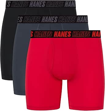 Hanes Men's Moves Performance Boxer Brief, Total Support Pouch, Regular, Trunk, and Long Leg, 3-Pack