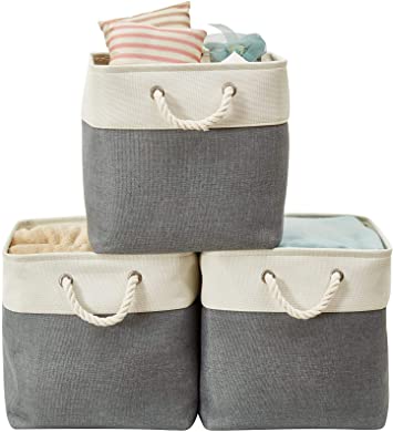 DECOMOMO Foldable Cube Storage Bin | Rugged Canvas Fabric Container with Rope Handles | Great for Organizing Closets, Offices and Homes (Slate Grey/White, Cube 33cm - 3 Pack)
