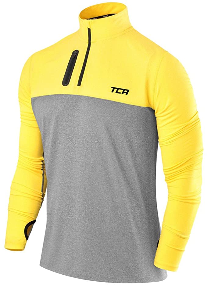 TCA Men's Fusion Pro Quickdry Long Sleeve Half-Zip Running Shirt - Heather Gray/Sonic Yellow, Medium