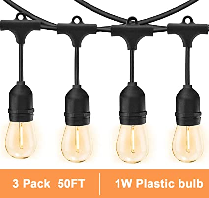 Svater Outdoor Led String Lights 150FT,3 Pack of 50FT, 45pcs E26 Socket,48pcs S14 Shatterpoof Bulbs,1 Watt Dimmable 2700K Warm White,IP65 Waterproof,Commercial Grade Patio Lights