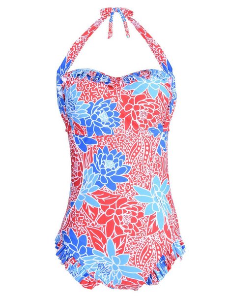 Hilor Women's Vintage Floral Ruffled One Piece Halter Swimsuit Bathing Suits