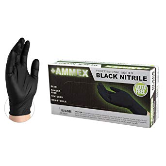 AMMEX Medical Black Nitrile Gloves - 4 mil, Latex Free, Powder Free, Textured, Disposable, Non-Sterile, Small, ABPNF42100-BX, Box of 100