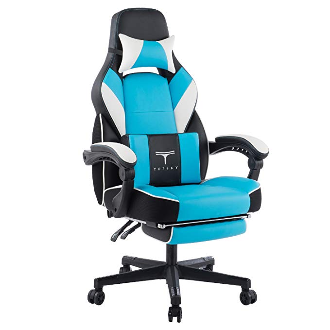 TOPSKY High Back Racing Style Executive Computer Gaming Office Chair Ergonomic Reclining Design with Lumbar Cushion Footrest and Headrest (Blue.)