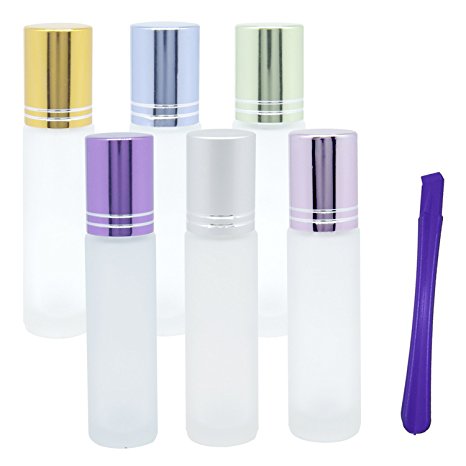 Roller Bottles - 10ml Premium Quality Glass Refillable Essential Oil Roller On Bottles with Lid Opener Pry Tool (FREE GIFT), Set of 6 for Aromatherapy, Essential Oils, Perfumes and Lip Balms By JamHoo