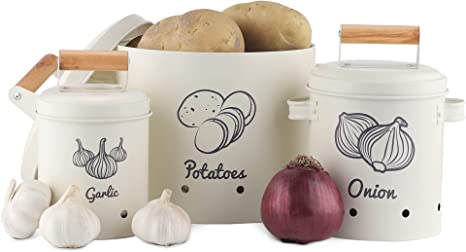 Navaris Vegetable Bins for Onions and Potatoes (Set of 3) - Potato Onion Garlic Storage Canisters Keeper Tin Containers with Wood Handles - Cream