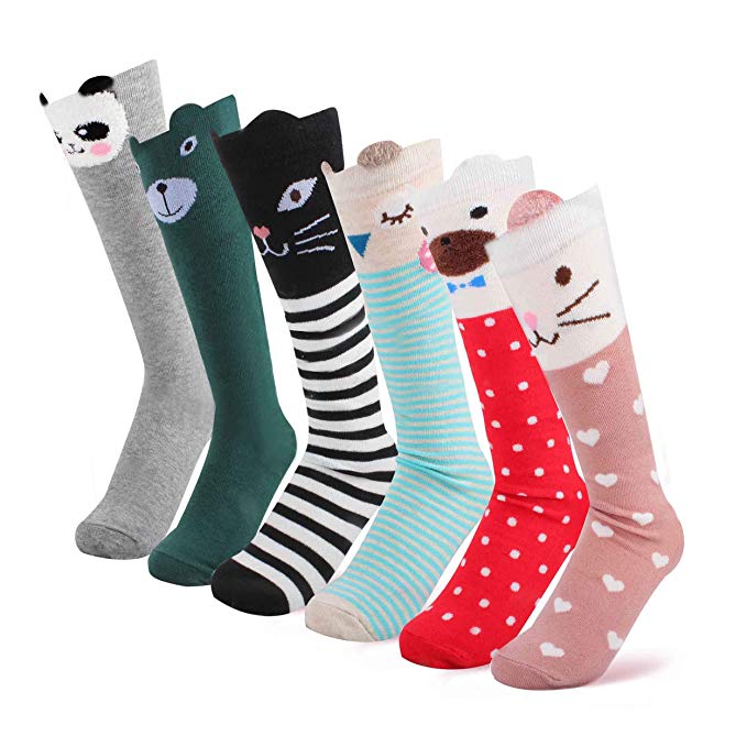 Menghao 6 pairs Girls Cute over calf Knee Christmas High Socks - kids child princess Animal cat fox bear Cotton Stockings