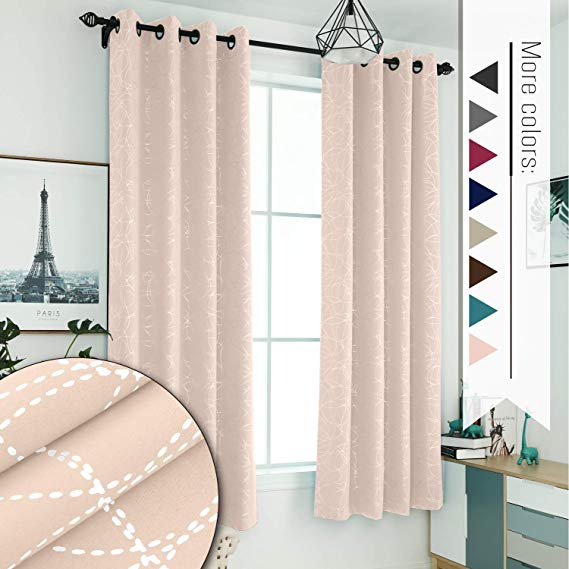 Sophia & William 52" W x 95" L Blackout Curtains with Grommets Thermal Insulated, Hot Stamping (Silver) Stitched Swirl Pattern - 2 Panels, Soft Pink