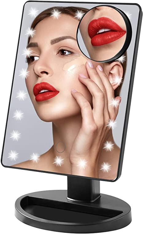 TRUSTLIFE Makeup Mirror Standing 180°Rotation Vanity Mirror with 22 LED Lights Touch Dimmable 10X Magnifying Function Tabletop Mirror for Makeup Shaving Facial Care Cosmetic Mirrors, Black