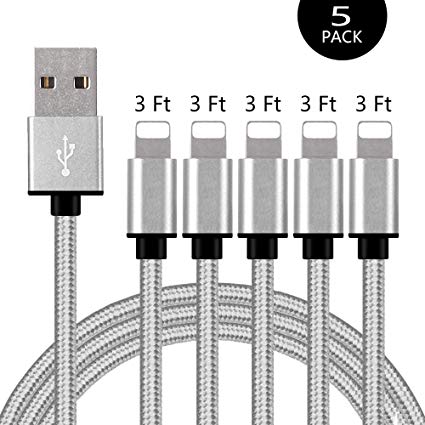 iPhone Fast Charger MFi Certified, Cable 5Pack 3FT,Nylon Braided Charger to Cable Data Syncing Cord Compatible with iPhone X XS XsMax XR 8 8Plus 7 7Plus 6S 6Splus 6 6Plus 5S 5(Silver White)