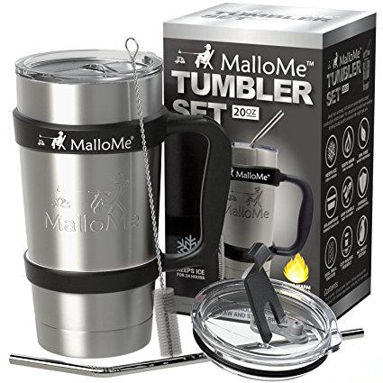 Travel Coffee Cup Mug Tumbler - 20 oz - Stainless Steel Vacuum Insulated Mug 6-Piece Set - Includes 2 Lids, Straw, Brush, Handle