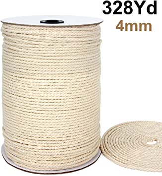 Blisstime Macrame Cord 4mm X 328Yards |Natural Cotton Macrame Rope|3 Strand Twisted Cotton Cord | Soft Undyed Cotton Rope for Wall Hangings, Plant Hangers, Crafts, Knitting, Decorative Projects