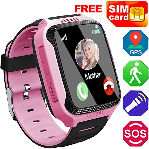 [SIM Card Included] Smart Watch for Kids- GPS Locator Pedometer Fitness Tracker Touch Camera Games Light Touch Anti Lost Alarm Clock Wrist Cell Phone Smartwatch Bracelet for Girls Boys Ages 3-12(Pink)