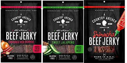 Country Archer Jerky Spicy Beef Jerky Variety Pack of 3 Sweet Jalapeno Crushed Red Pepper Sriracha Beef Jerky
