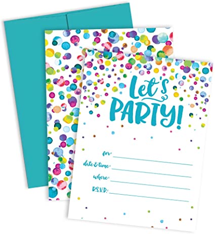 LET'S PARTY - Watercolor Confetti Fill-In-Your-Own Party Invitations (Set of 12 Invitations   12 Blue Raspberry Envelopes) - By Palmer Street Press