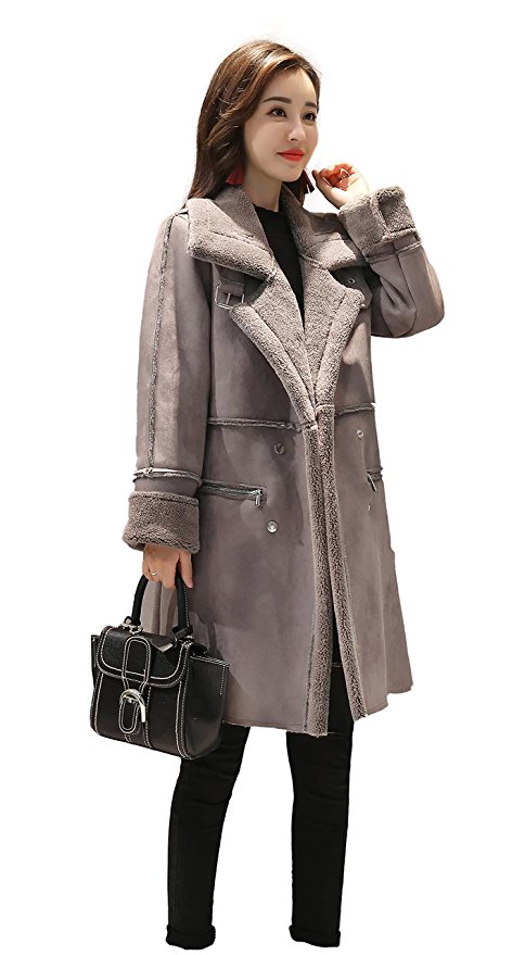 Shineflow Women's Lapel Faux Fur Fleece Lined Parka Warm Winter Shearling Coat Leather Jacket