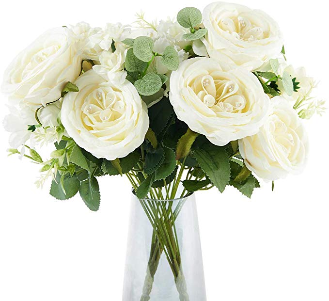Roses Artificial Flowers, White 2 Bouquets Fake Flowers Bridal Bouquets for Wedding Party Home Decor