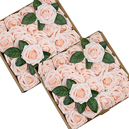 Foraineam 50pcs Artificial Roses Flower Real Looking Foam Rose Fake Flowers with Stem & Leaves for DIY Wedding Bouquets Centerpieces Party Home Decorations (Blush)