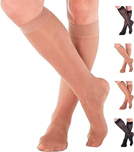 ABSOLUTE SUPPORT Made in USA - Womens Compression Knee Hi Socks 8-15mmHg for Improving Blood Circulation - Sheer Compression Stockings Women 8-15 mmHg for Work Office Travel Beige, Medium