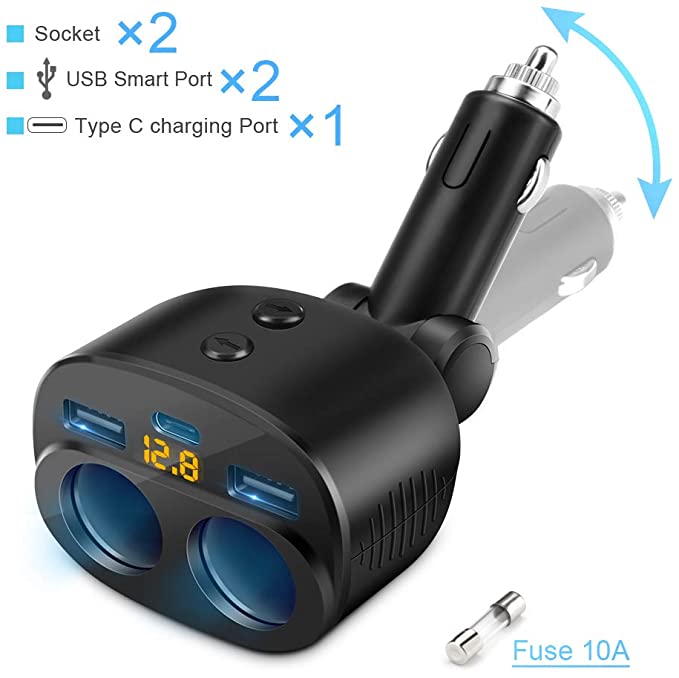 USB C Car Charger, Rocketek 2 Sockets Cigarette Lighter Splitter Adapter Dual USB Type C Ports Separate Switch LED Voltage Display Built-in Replaceable 10A Fuse for Mobile Cell Phone GPS Dash Cam
