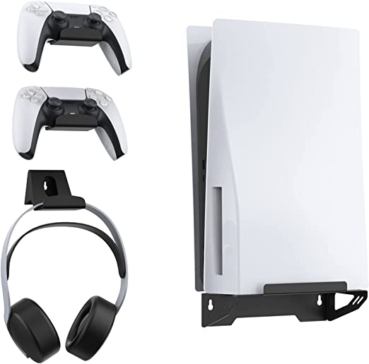 NexiGo Wall Mount Set for Playstation 5 (Disc & Digital), [Space Saving & Improved Airflow] Sturdy Steel Wall Stand Holder Mount PS5 Console Near or Behind TV w/Controller Holder & Headphone Hanger