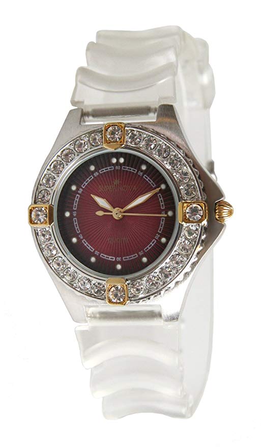 Supernova by Avalon Women's Silver-Tone Gold Accented Stone Bezel Transparent Strap Watch # 8208-2