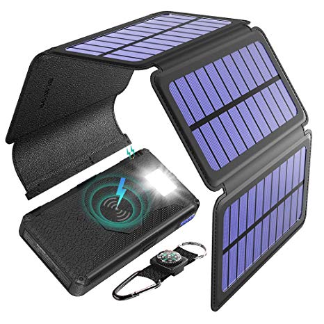 Power Bank, Wireless External Battery, 20000mAh Solar Charger with 5 Removable Solar Panels Portable Qi Charger SOS Flashlight Type C Connector and Dual Output