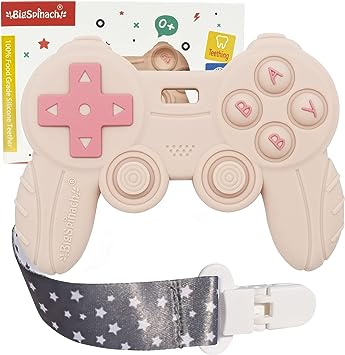 BIGSPINACH Cool Remote Game Control Teething Toy for Babies 0-6 6-12 Months,Game Controller Teether for Gamer Parents,Baby's First Valentines Day Gifts,Silicone Remote Chew Toys(Pink)