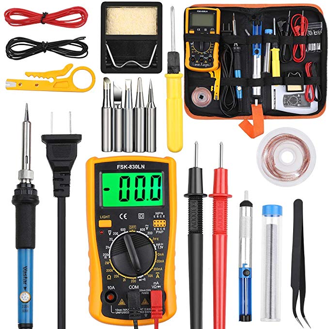 Vastar Soldering Iron Kit, Full Set 60W 110V Soldering Welding Iron Kit - Adjustable Temperature with Digital Multimeter, 5pcs Soldering Iron Tips, Desoldering Pump, Stand, Anti-Static Tweezers