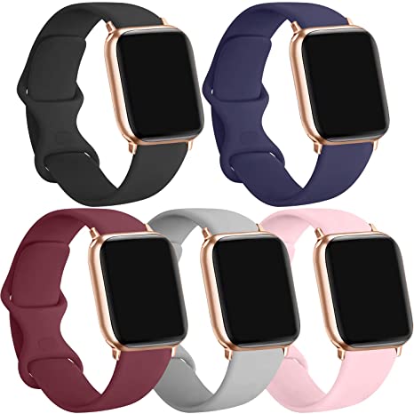 [5 Pack] Silicone Bands Compatible for Apple Watch Band 42mm 44mm, Soft Silicone Band Sport Strap Compatible for Apple iWatch Series 5 4 3 2 1, Black/Navy Blue/Wine red/Pink/Gray, 42mm/44mm-M/L