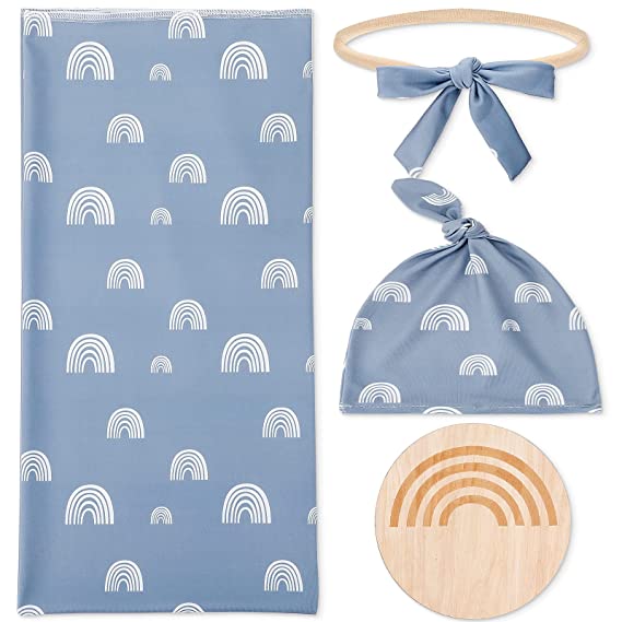 4 Pieces Sage Green Rainbow Baby Swaddle Set Muslin Baby Swaddle Blanket Matching Hat Bow Headband and Hello Wooden Birth Announcement Card for Newborn Boy Girl (Haze Blue)