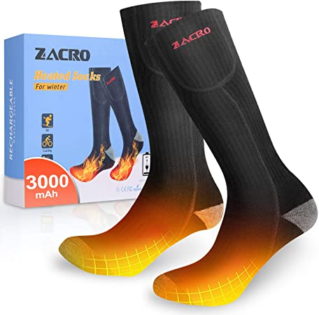 Zacro Heated Socks for Men & Women - 3000 mAh Battery Powered Electric Socks, Up to 19 Hours of Heat, Larger Heating Pad Design, Rechargeable Heating Socks for Hunting Skiing Hiking