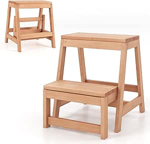 Giantex Folding Step Stool, Wooden 2-Step Stool for Kids & Adults, Holds up to 550Lbs, Portable Plant Stand, Multipurpose Storage Shelf, Stepping Stool for Kitchen Living Room (15.5" Wx20 Dx17.5 H)