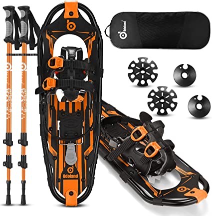 Odoland 3-in-1 Snowshoes Set for Men Women Youth Kids with Trekking Poles, Carrying Tote Bag, Light Weight Aluminum Alloy Terrain Snow Shoes,21”/25”/30”