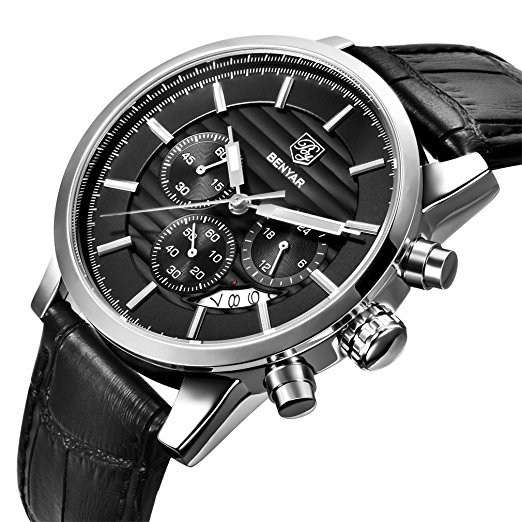BENYAR Quartz Chronograph Waterproof Watches Business And Sport Design Leather Band Strap Wrist Watch