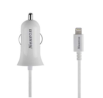 Car Charger, Nexcon Apple MFi Certified 2.4A Lightning Car Charger with Integrated Built-in Apple 8-Pin Coiled Cord for iPhone 8/8 Plus/X/ 6s / 6/ Plus SE 5S iPad Pro Air 2 Mini 4/3 iPod 5, White