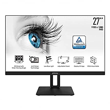 MSI 27 inch(68cm) IPS Monitor - Full HD (1920x1080), Less Blue Light, Anti-Flicker, Anti-Glare, Adjustable Stand, Display Kit, Built-in Speakers, for Learning & Working at Home - MP271P, Black