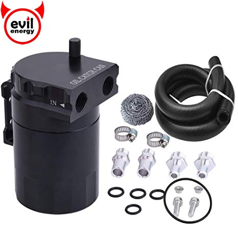 EVIL ENERGY Baffled Universal Oil Catch Can Reservoir Tank Kit with 3/8" NBR Fuel Line and Steel Wool Aluminum Black 400ml