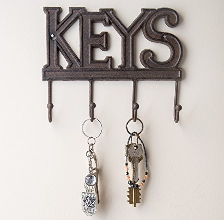 Key Holder - Keys | Wall Mounted Key Hook | Rustic Western Cast Iron Key Hanger |Decorative Key Organizer Rack with 4 Hooks | With Screws and Anchors | 6x8 inches | by Comfify (Rust Brown)