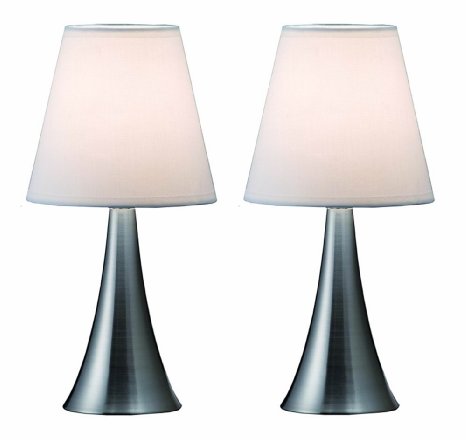 Simple Designs LT2014-WHT-2PK Valencia Brushed Nickel 2 Pack Mini Touch Table Lamp Set with Fabric Shades, White