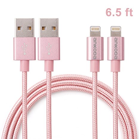 Ankoda® 2Pack 6.5ft/2M Nylon Braided Lightning to USB Cable, Lightning Data Sync & Charge USB Cable for iPhone SE 6S 6S Plus 6 6Plus 5S 5C 5, iPad Air Air 2 mini2 mini3 4th, iPod Nano, iPad Pro and More (Rose Gold)