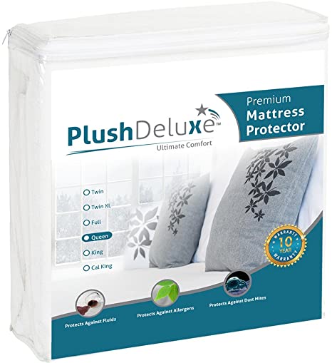 PlushDeluxe Premium Mattress Protector, Waterproof & Hypoallergenic Mattress Cover, Breathable & Without Vinyl Soft Cotton Terry Surface (Queen)