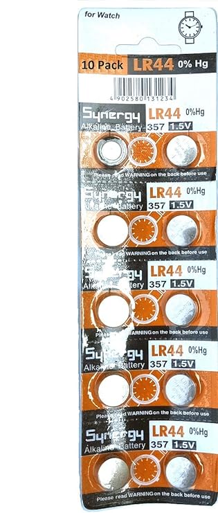 SYNERGY AG13/LR44/357A Alkaline Button Cell Battery -10 Pack (AG33 Alkaline 1.5V Button Cell Battery Single Use LR44LR44 (A76, AG13) Alkaline 1.5V Button Battery. Dimensions: 11.6 mm x 5.4 mm.