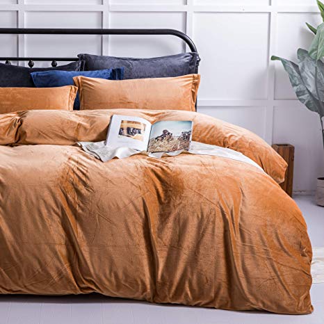 NTBAY Velvet Flannel Duvet Cover Set, 3 Pieces Zippered Comforter Cover Set, Queen, Camel