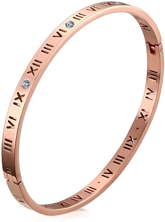 Jaline Fashion Classic Stainless Steel Roman Numeral Bangle Bracelet for Women Jewelry，Rose Gold Color,Gold Color，Silver Color, 4.5mm Width
