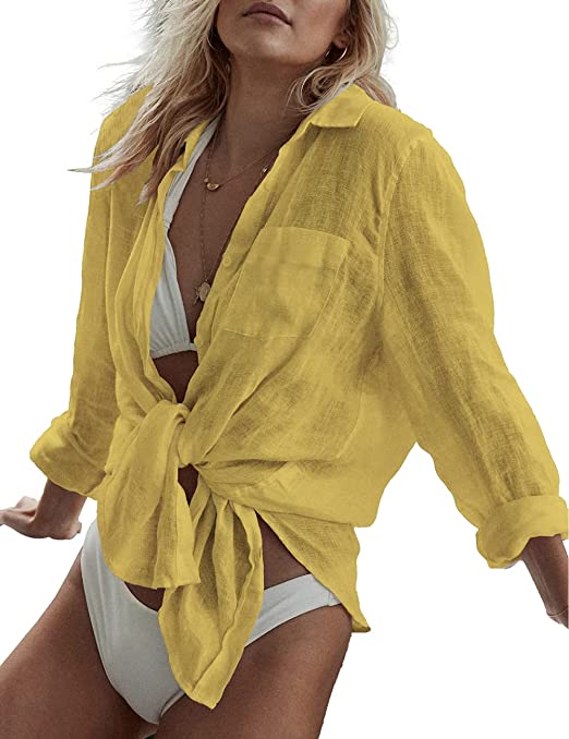 Bsubseach Women Long Sleeve Beach Shirt Blouses Bathing Suit Cover Up Button Down Collar