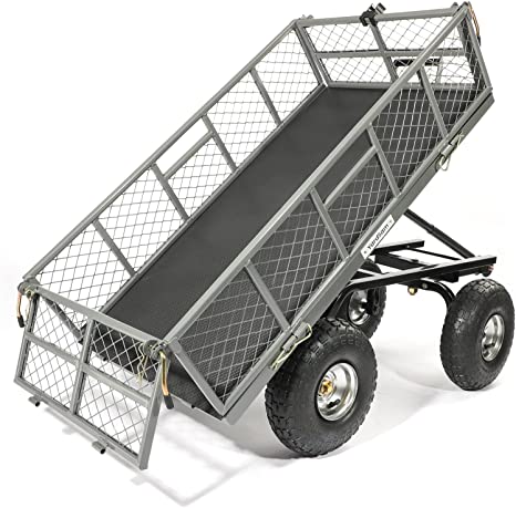 Yardsam Dump Garden Carts, 800 Capacity Heavy Duty Steel Dumping Utility Garden Carts and Wagons with Removable Sides, Pullable Handles, 10in All-Terrain Wheels, for Garden Lawn Yard Farm, Gray