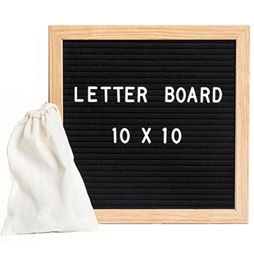 Letter Board - Felt Letter Board Black Felt 10 x 10 inch Oak Frame - Changeable Letter Board w/ 290 White Letters - Letter Board