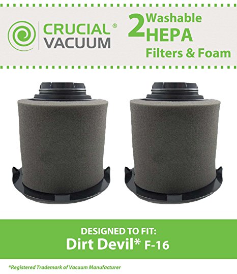 2 Dirt Devil F16 Filter Kits w/ HEPA Filter & Foam Pre-filter; Compare to Dirt Devil Part Nos. 1JW1100000, 2JW1000000; Designed & Engineered by Crucial Vacuum
